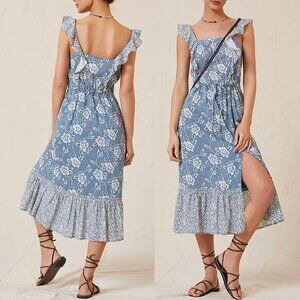 PAIGE Poppy Floral Cotton Blend Flutter Sleeve Midi Dress S Blue Navy Multi $249